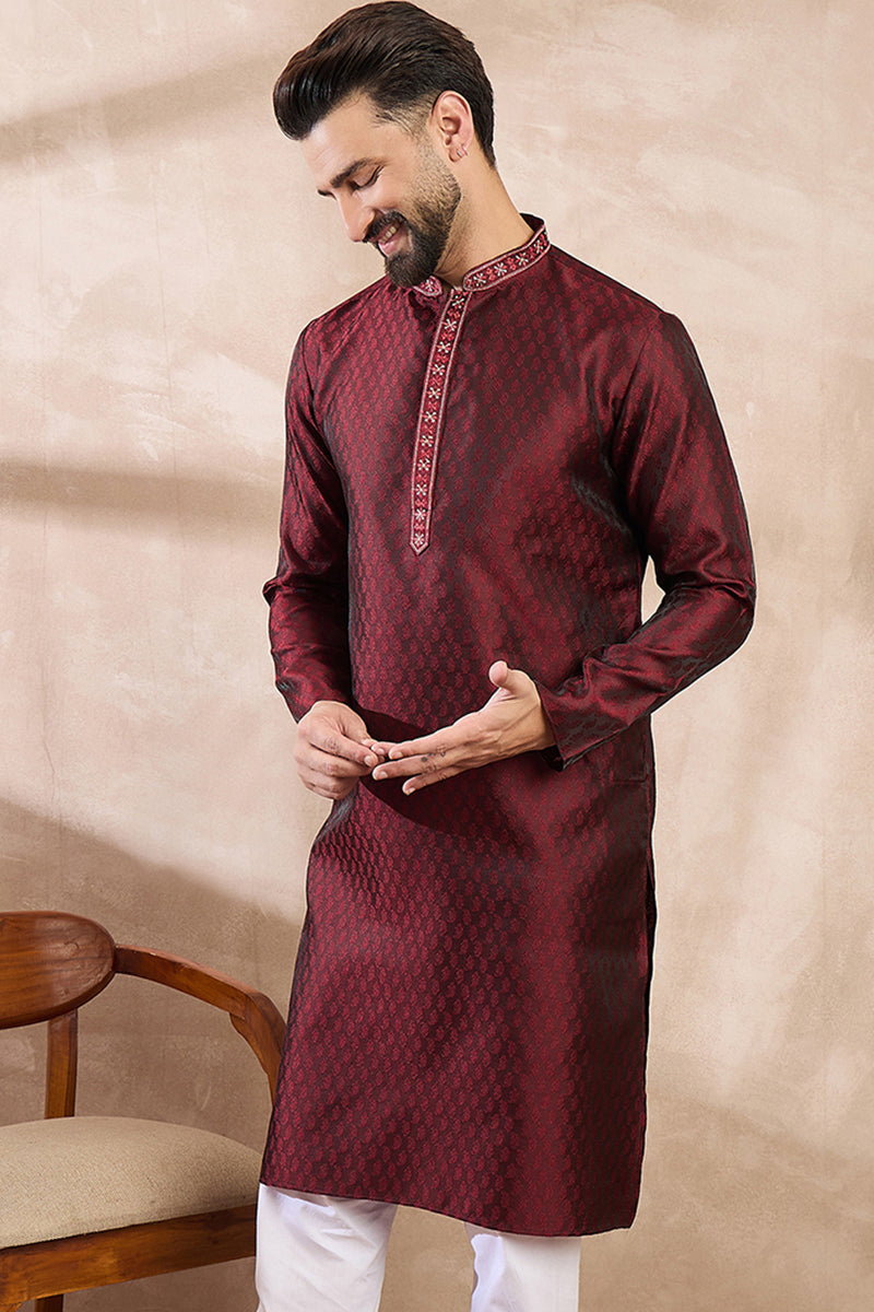 Maroon Silk Blend Solid Woven Design Straight Kurta MKU1896