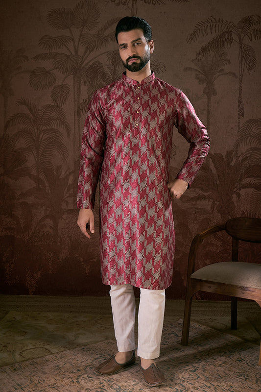 Maroon Silk Blend Chevron Printed Straight Kurta With Trouser MKSET1904