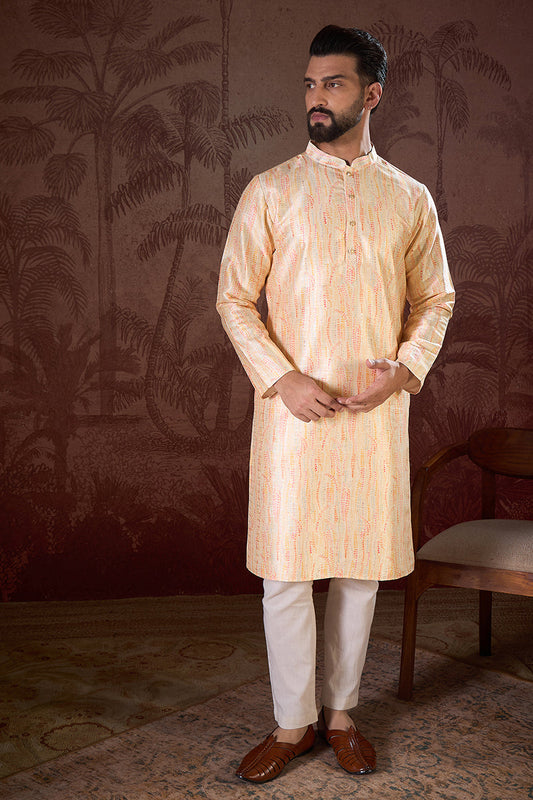 Cream Silk Blend Abstract Printed Straight Kurta With Trouser MKSET1907