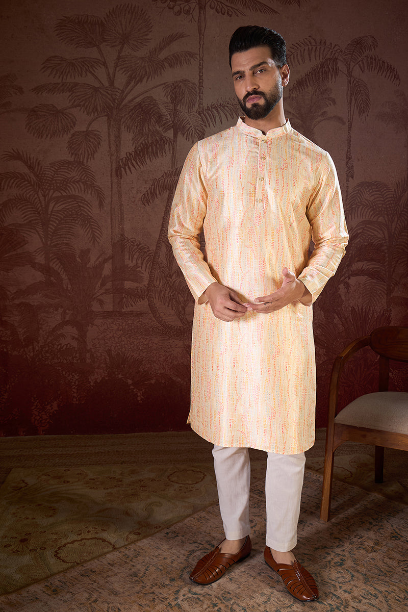 Cream Silk Blend Abstract Printed Straight Kurta