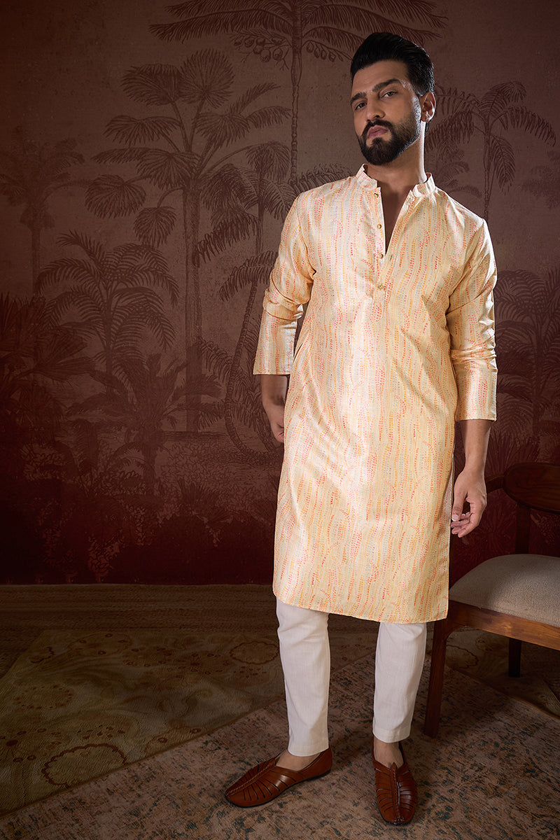Cream Silk Blend Abstract Printed Straight Kurta