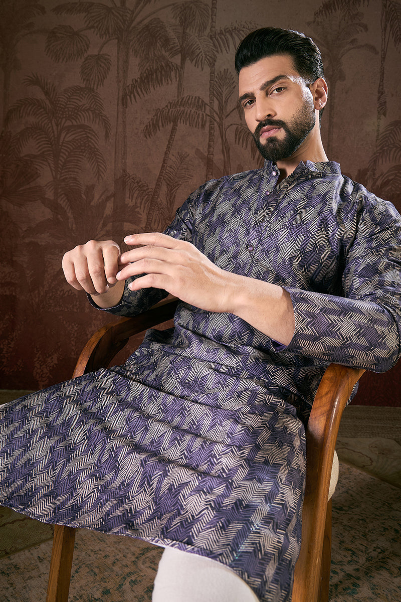 Violet Silk Blend Chevron Printed Straight Kurta MKU1917
