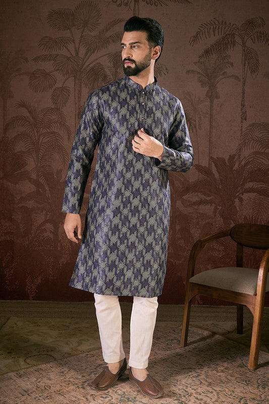 Violet Silk Blend Chevron Printed Straight Kurta With Trouser MKSET1917