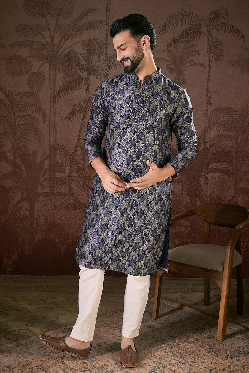 Violet Silk Blend Chevron Printed Straight Kurta With Trouser