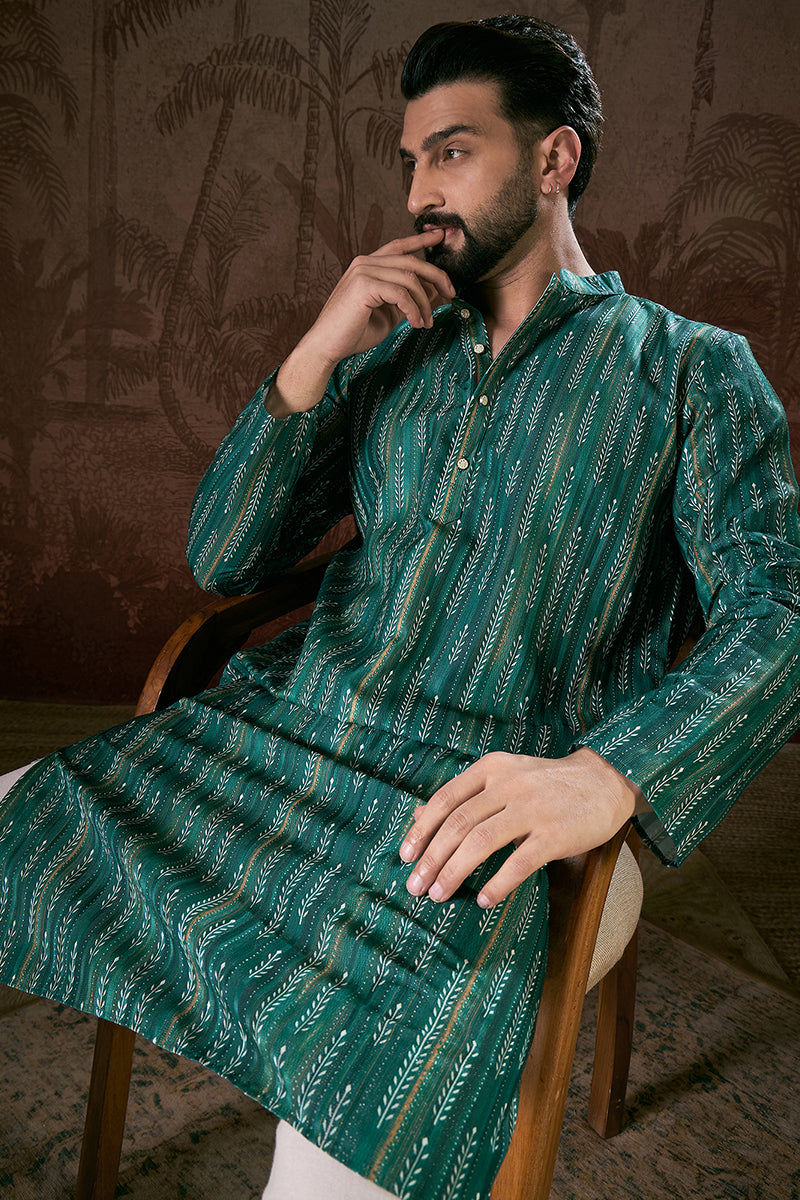 Turquoise Blue Silk Blend Floral Printed Straight Kurta MKU1921