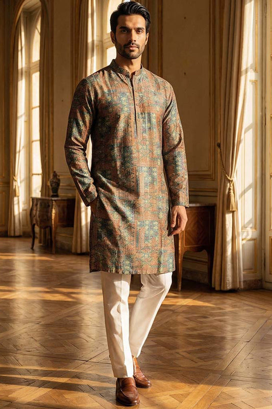 Blue Silk Blend Printed Straight Kurta MKU1934