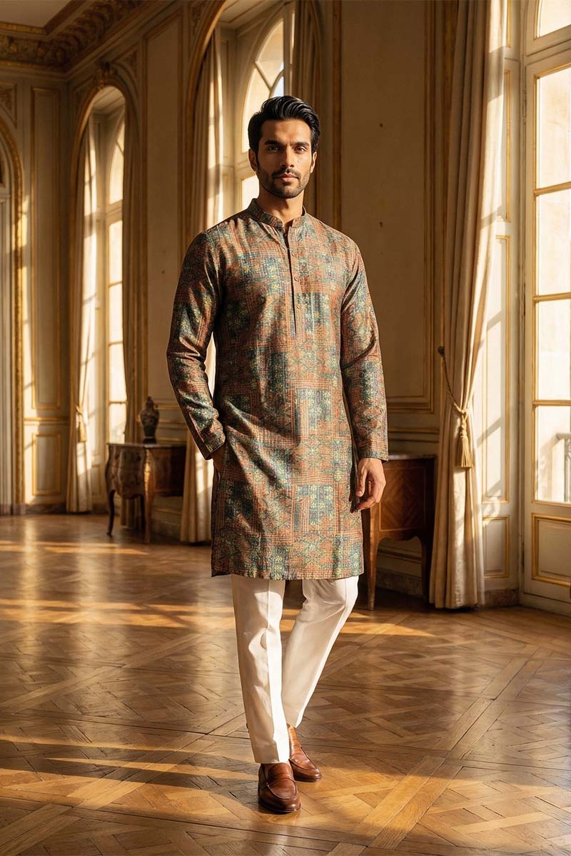 Blue Silk Blend Printed Straight Kurta With Trousers MKSET1934