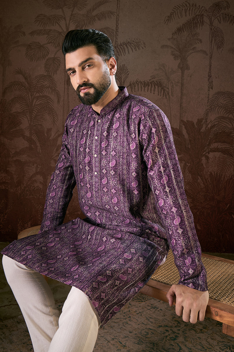 Purple Silk Blend Ethnic Motifs Printed Straight Kurta With Trouser MKSET1950
