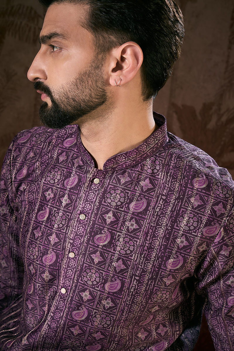 Purple Silk Blend Ethnic Motifs Printed Straight Kurta With Trouser MKSET1950