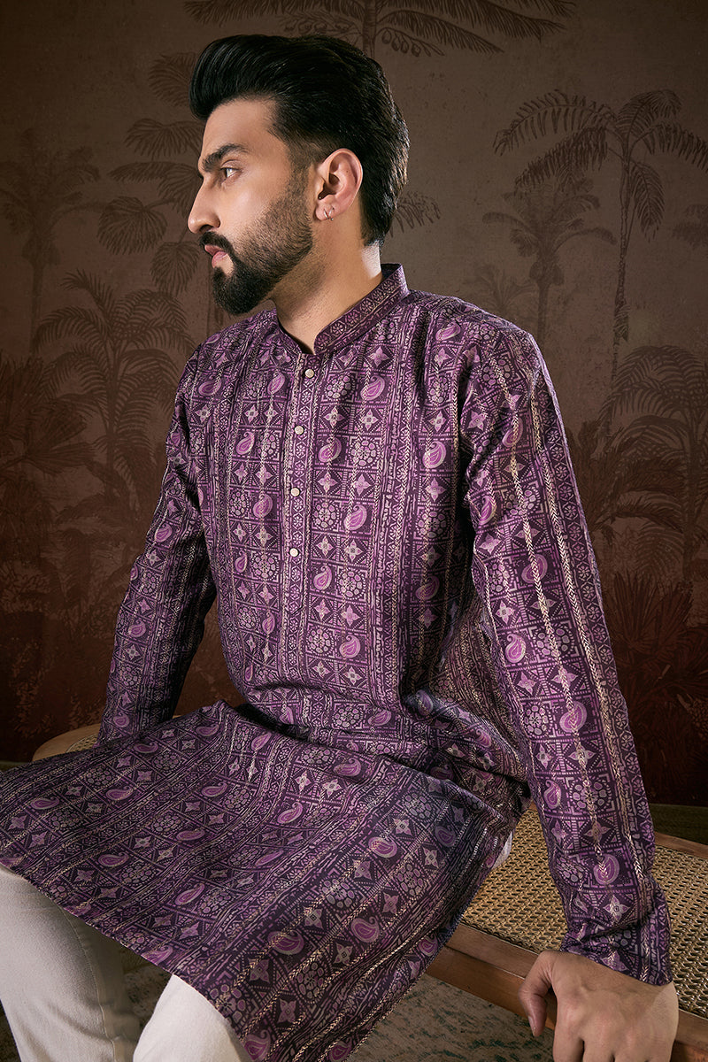 Purple Silk Blend Ethnic Motifs Printed Straight Kurta With Trouser MKSET1950