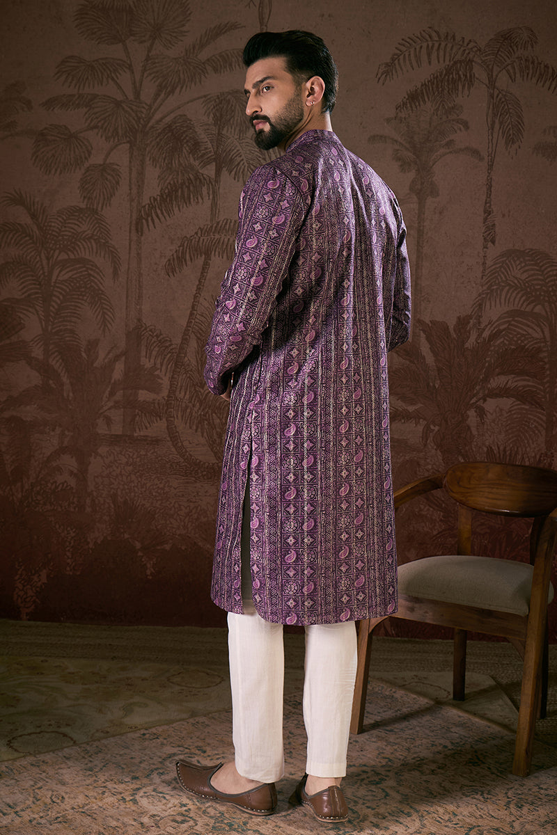 Purple Silk Blend Ethnic Motifs Printed Straight Kurta With Trouser MKSET1950