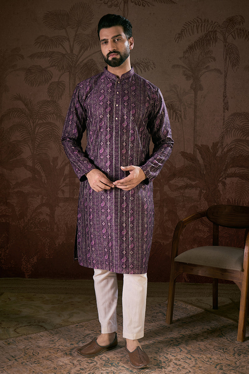 Purple Silk Blend Ethnic Motifs Printed Straight Kurta