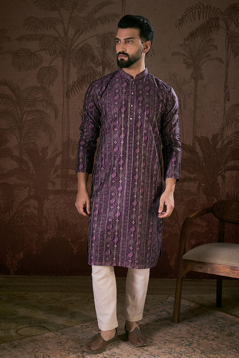 Purple Silk Blend Ethnic Motifs Printed Straight Kurta