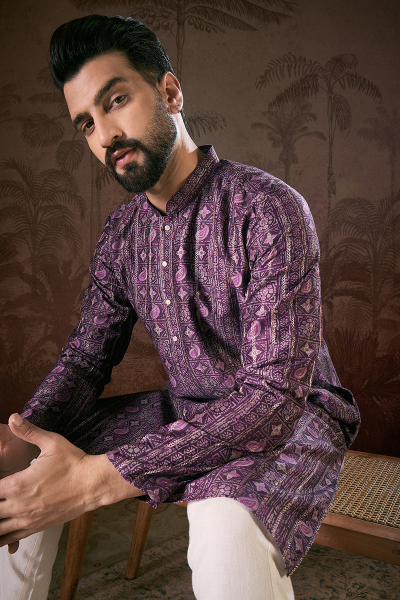 Purple Silk Blend Ethnic Motifs Printed Straight Kurta With Trouser