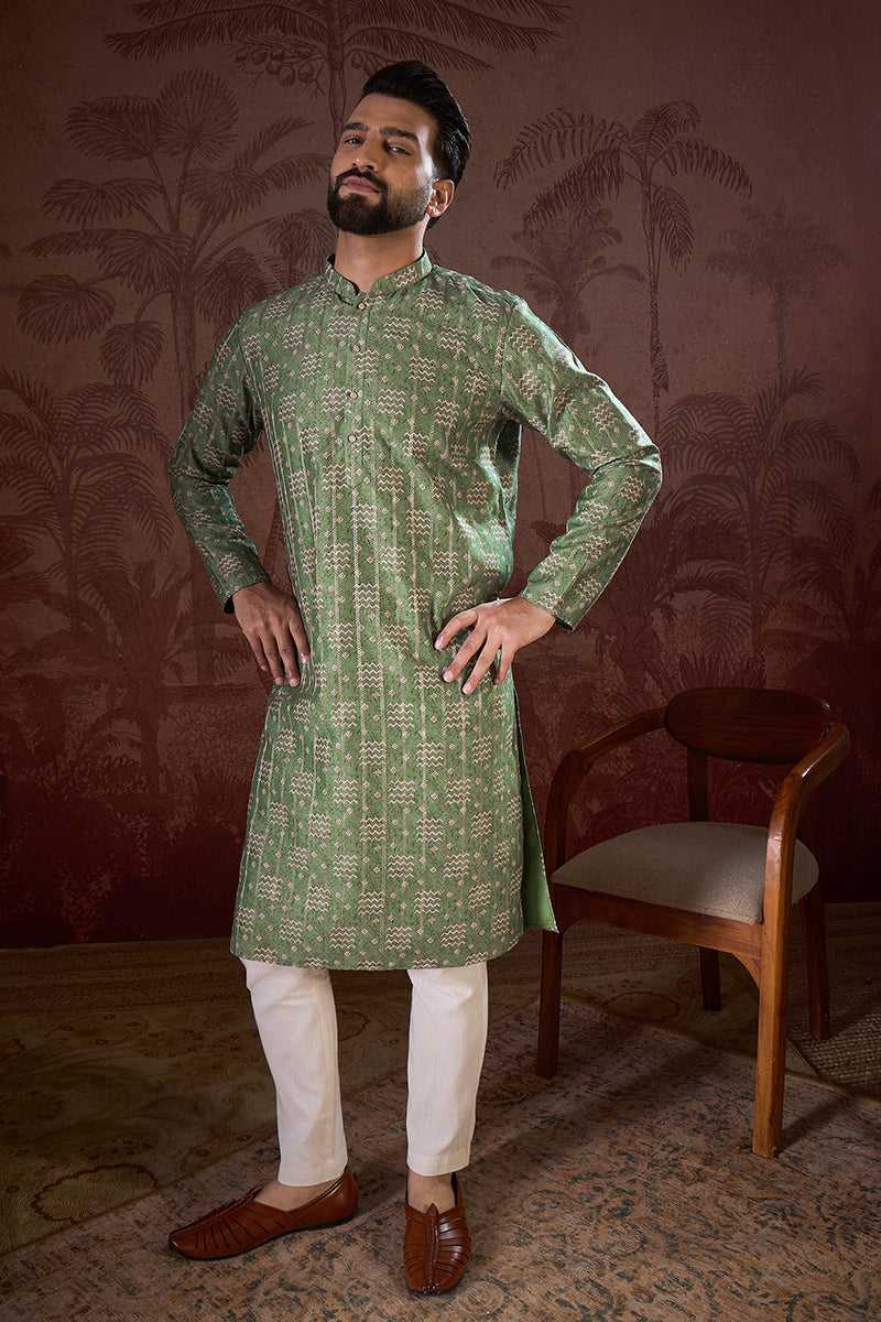 Green Silk Blend Ethnic Motifs Printed Straight Kurta MKU1951