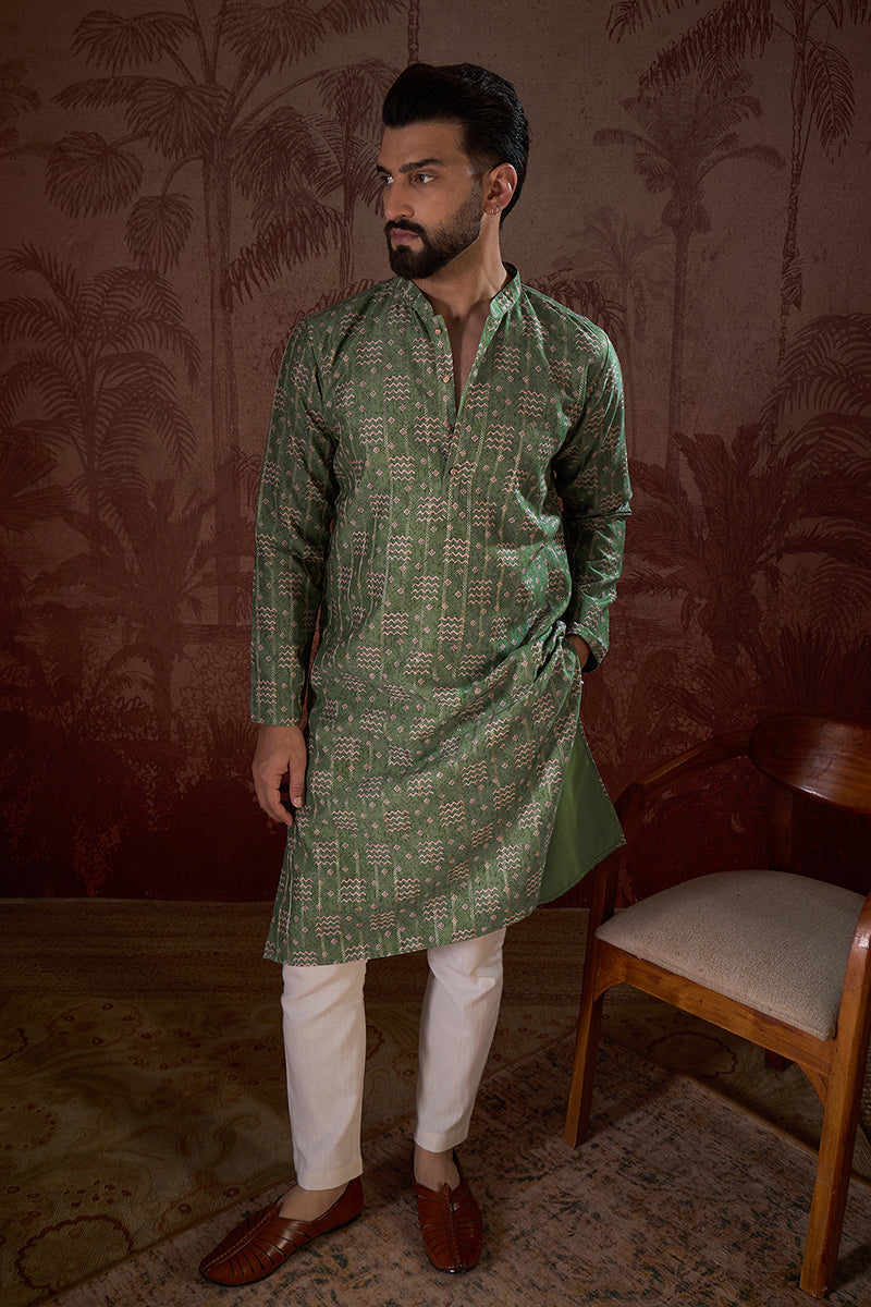 Green Silk Blend Ethnic Motifs Printed Straight Kurta