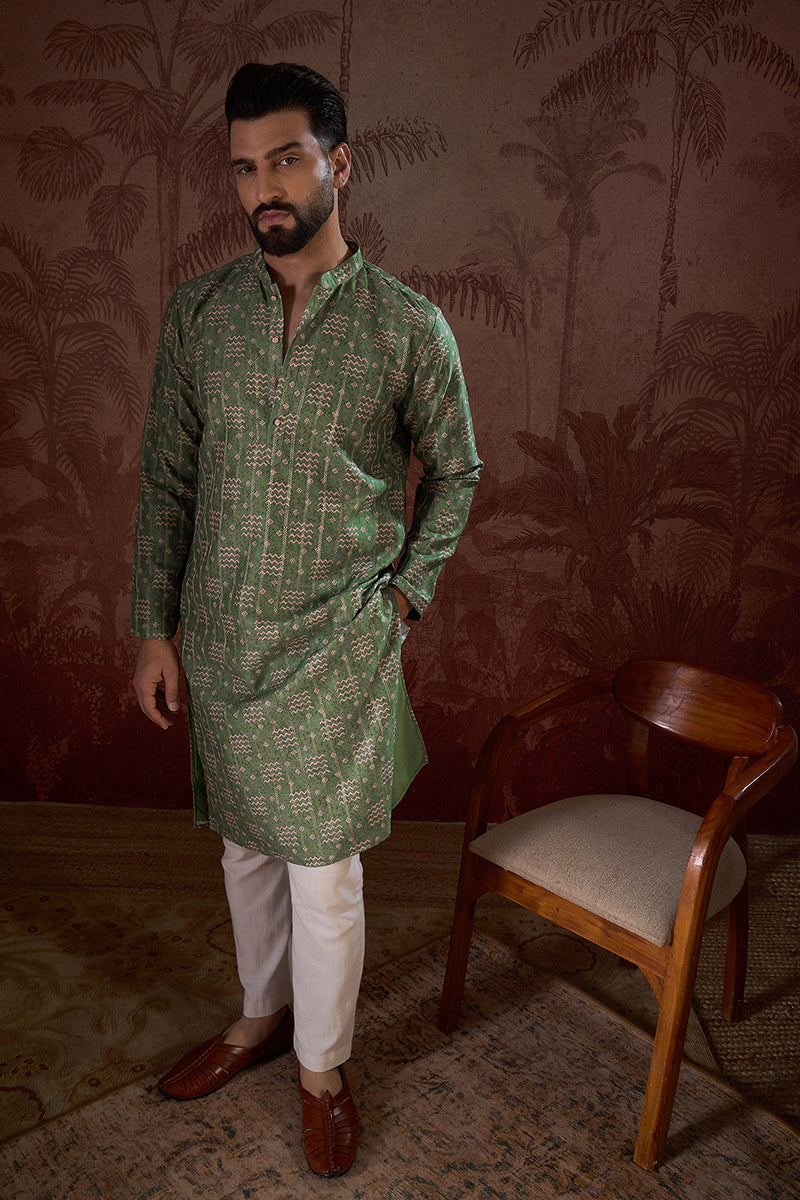 Green Silk Blend Ethnic Motifs Printed Straight Kurta
