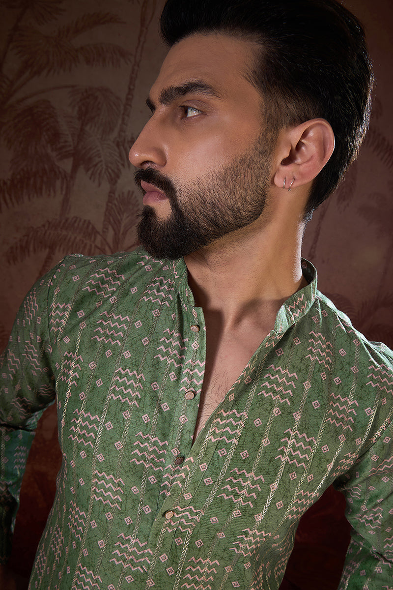 Green Silk Blend Ethnic Motifs Printed Straight Kurta