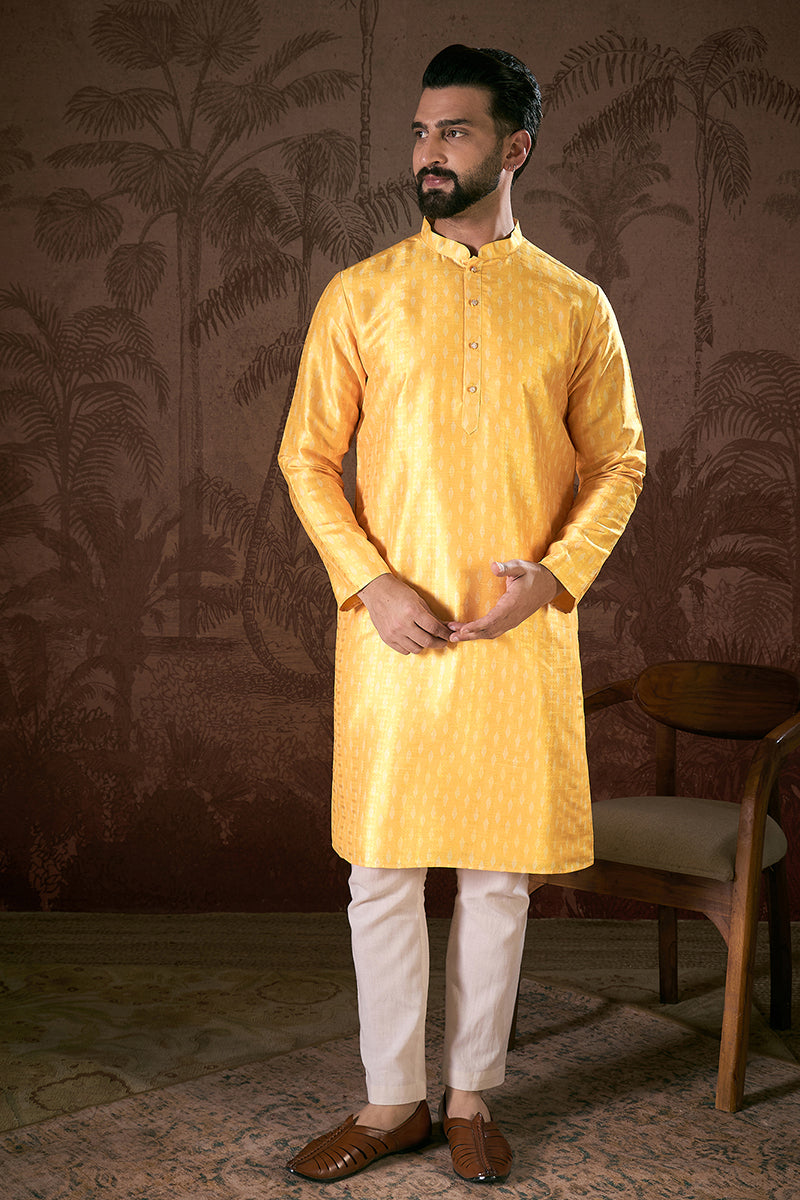 Yellow Silk Blend Ethnic Motifs Printed Straight Kurta MKU1952