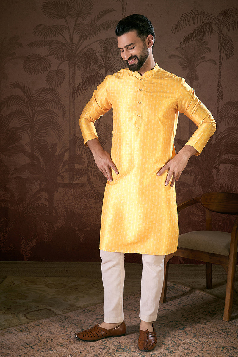 Yellow Silk Blend Ethnic Motifs Printed Straight Kurta With Trouser