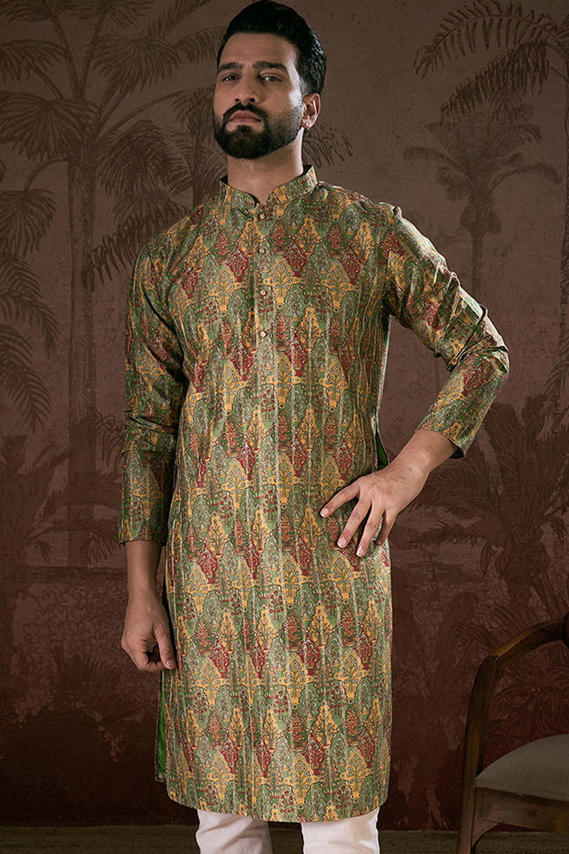 Green Silk Blend Floral Printed Straight Kurta MKU1953