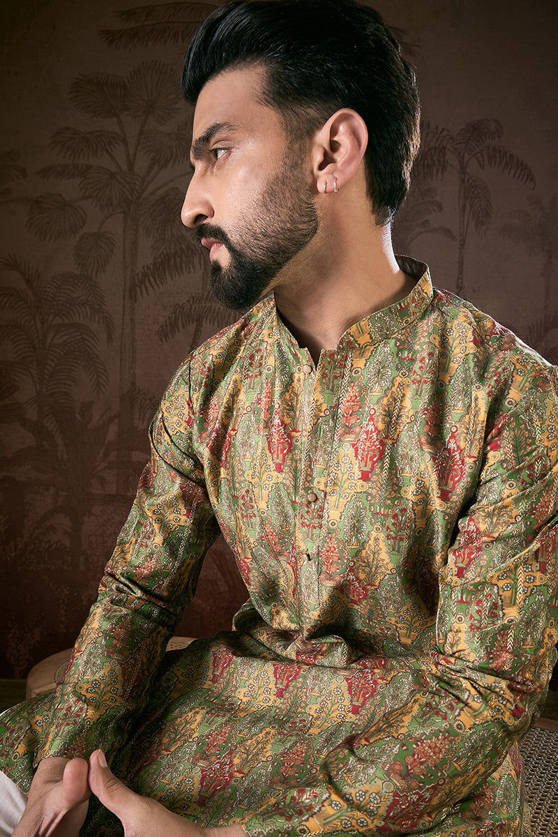 Green Silk Blend Floral Printed Straight Kurta MKU1953