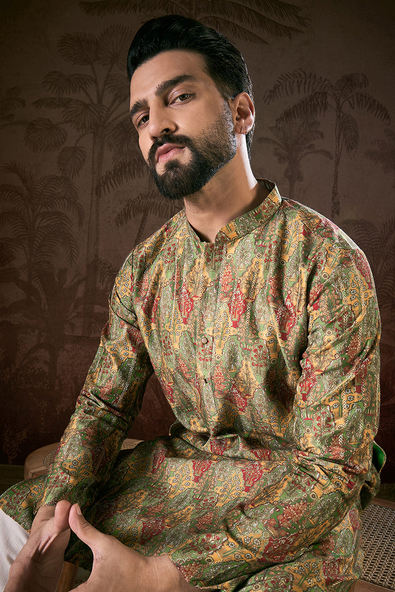 Green Silk Blend Floral Printed Straight Kurta MKU1953