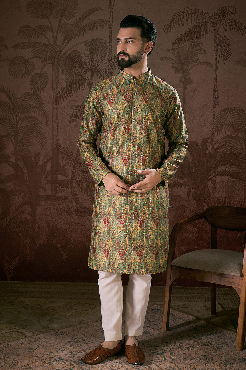Green Silk Blend Floral Printed Straight Kurta