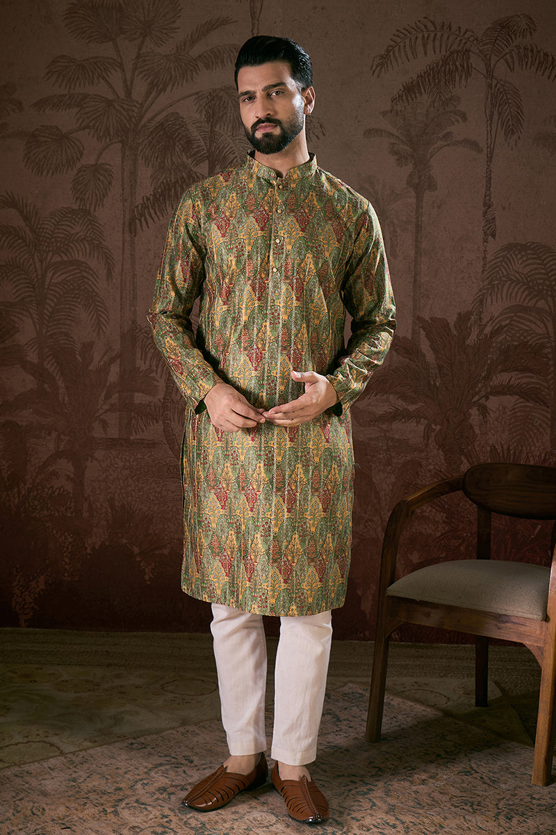 Green Silk Blend Floral Printed Straight Kurta
