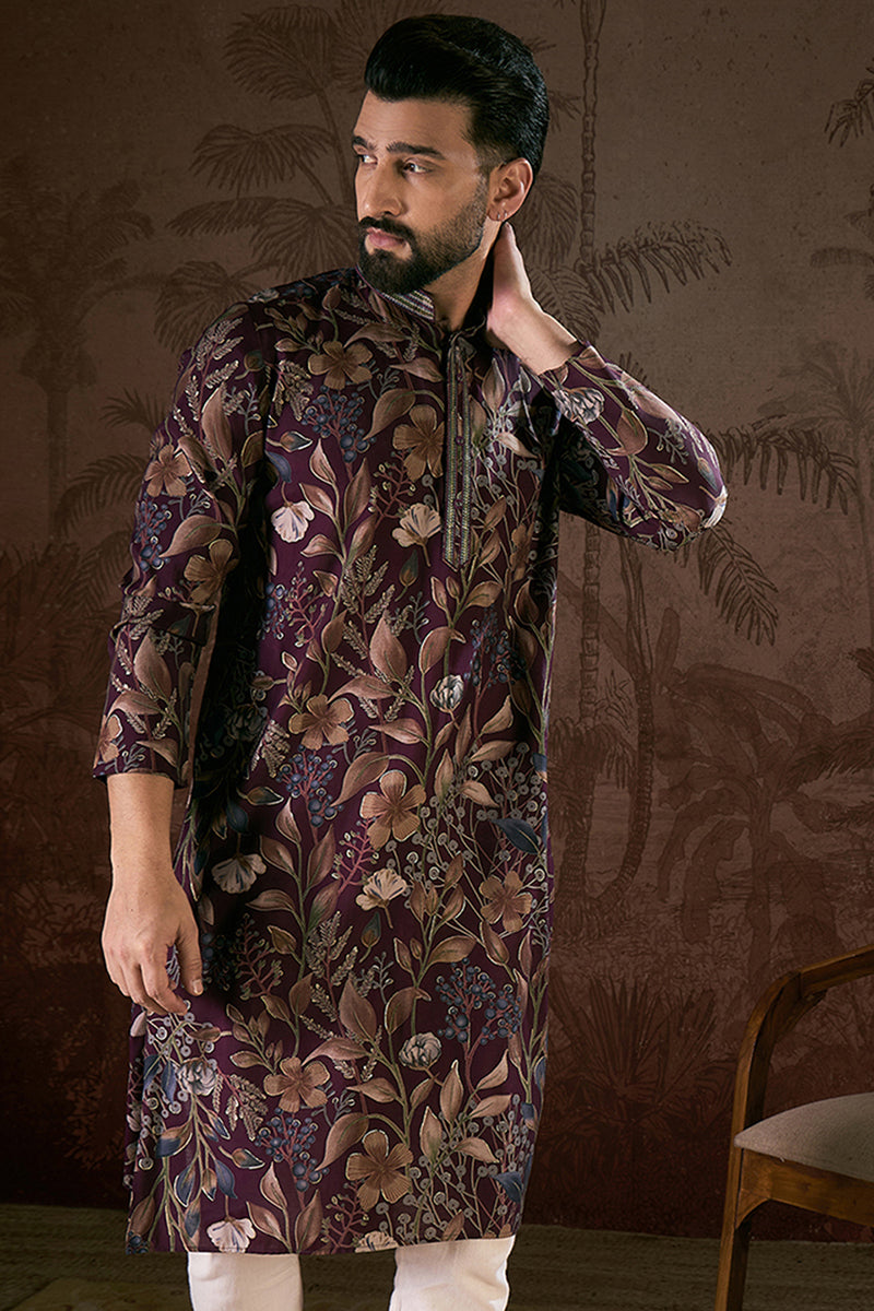 Purple Silk Blend Floral Printed Straight Kurta