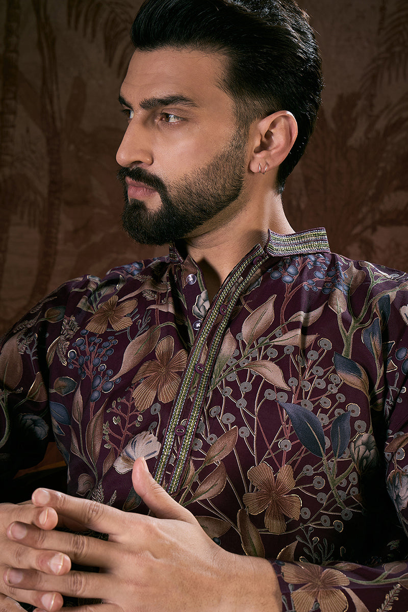 Purple Silk Blend Floral Printed Straight Kurta MKU1957