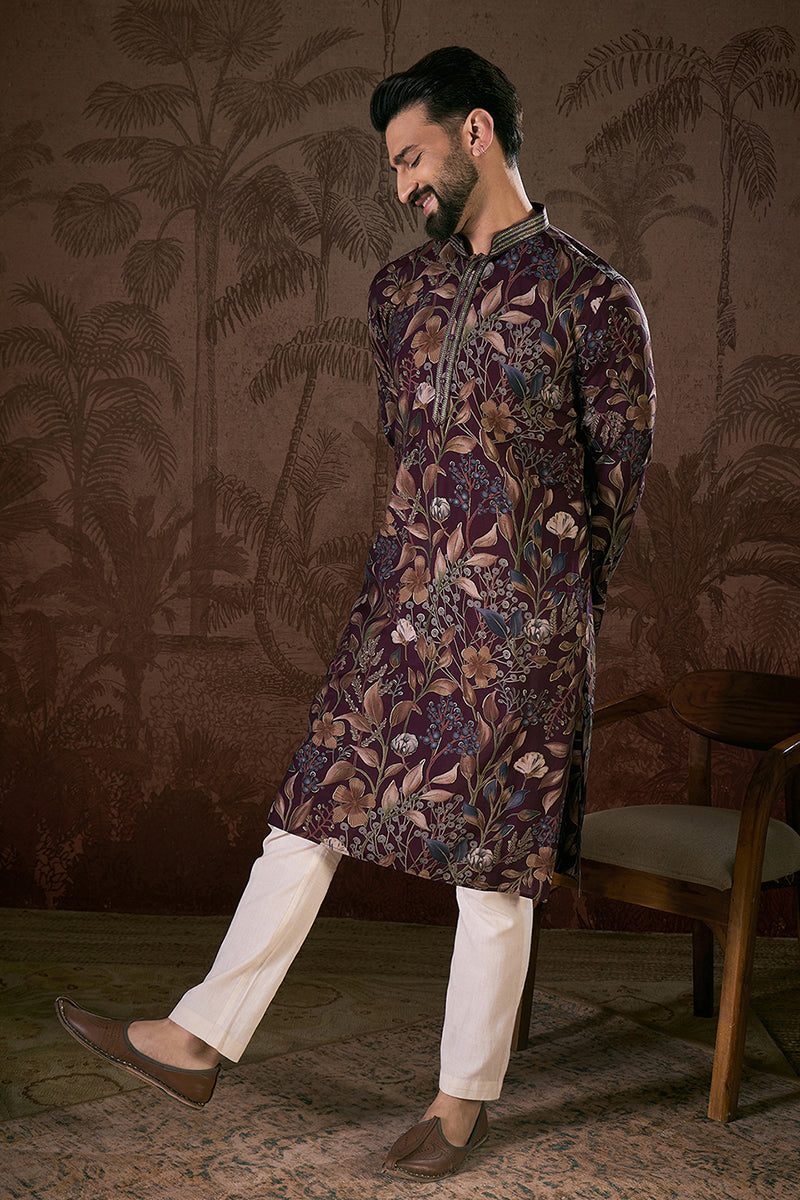 Purple Silk Blend Floral Printed Straight Kurta MKU1957