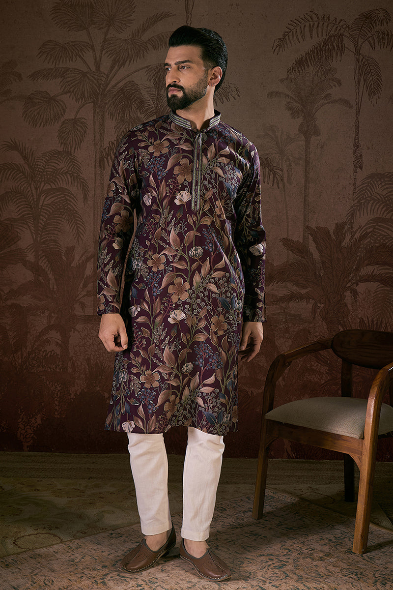 Purple Silk Blend Floral Printed Straight Kurta