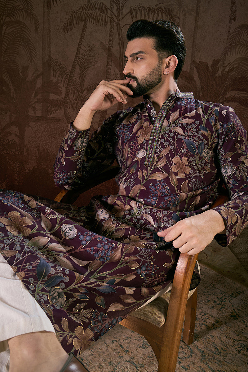 Purple Silk Blend Floral Printed Straight Kurta MKU1957