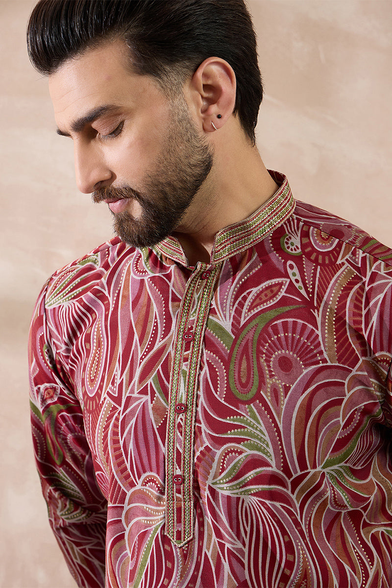 Red Silk Blend Printed Mandarin Collar Straight Kurta With Trouser MKSET1959