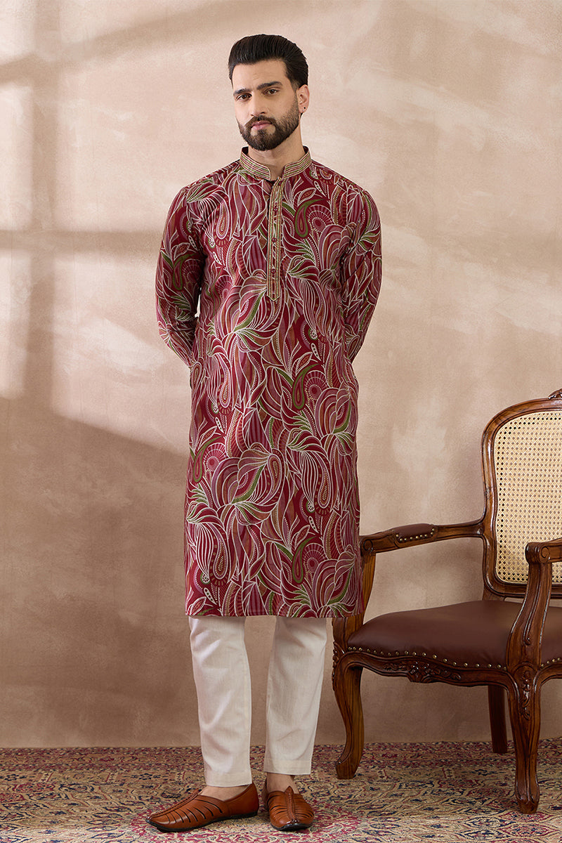 Red Silk Blend Printed Mandarin Collar Straight Kurta With Trouser