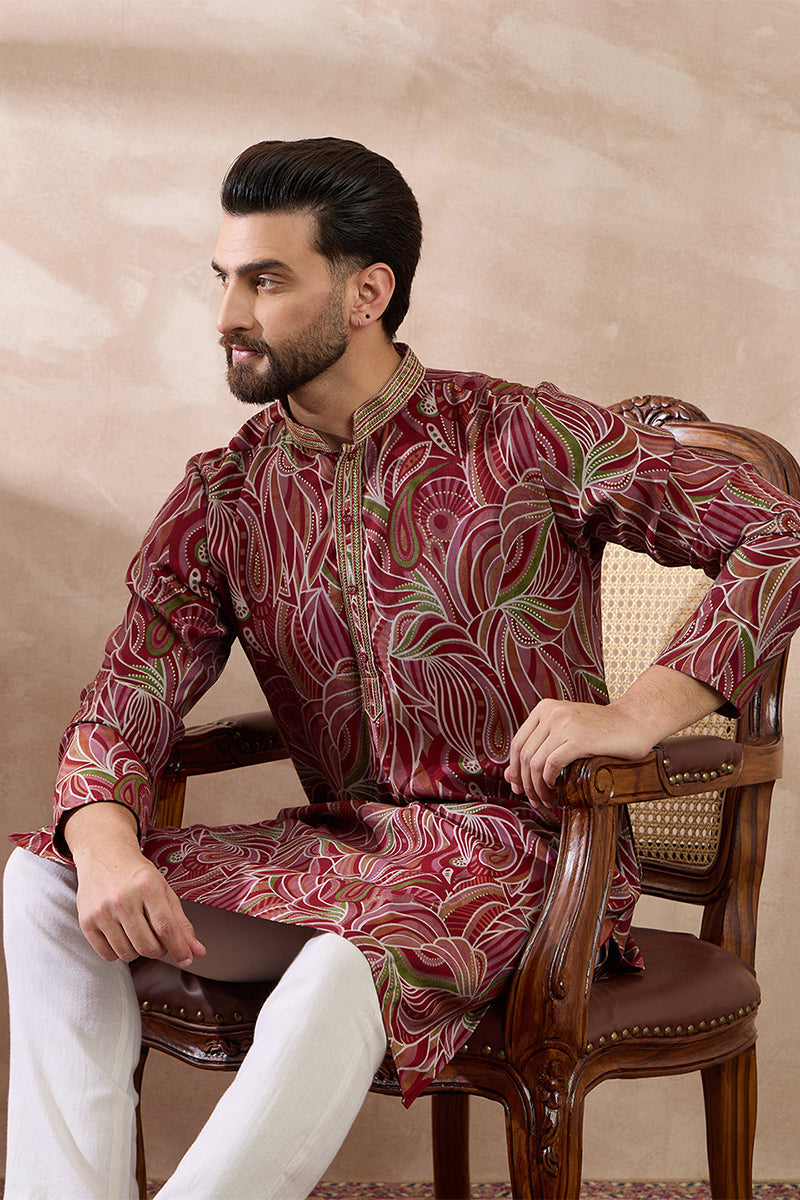 Red Silk Blend Printed Mandarin Collar Straight Kurta With Trouser