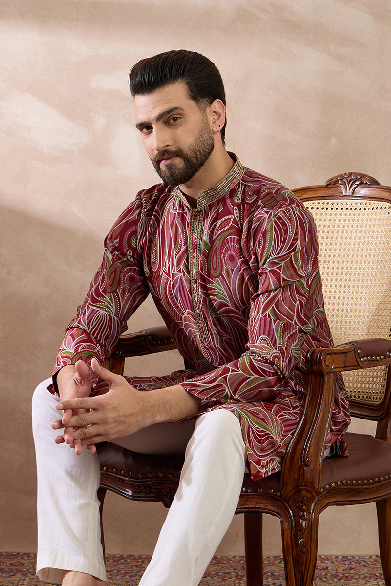 Red Silk Blend Printed Mandarin Collar Straight Kurta