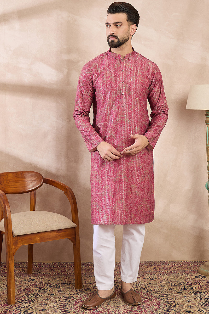 Pink Silk Blend Floral Printed Straight Kurta With Trouser