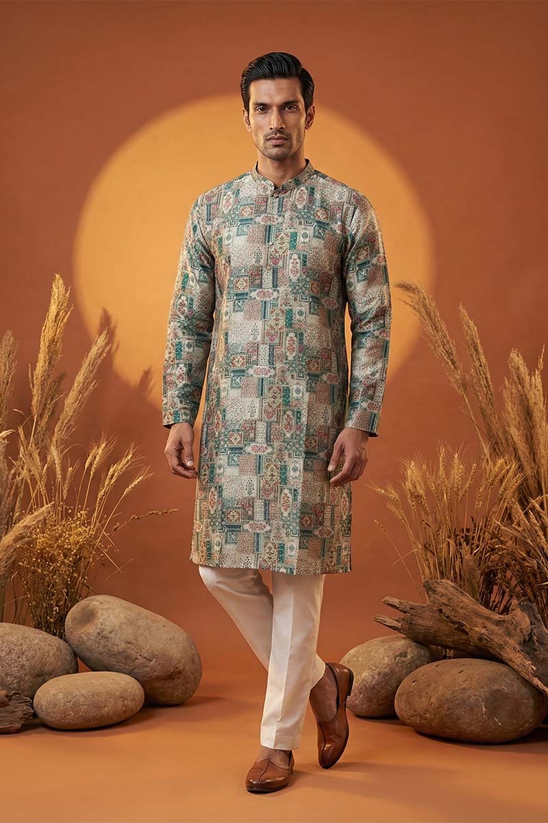 Multi Silk Blend Printed Straight Kurta With Trousers MKSET1973