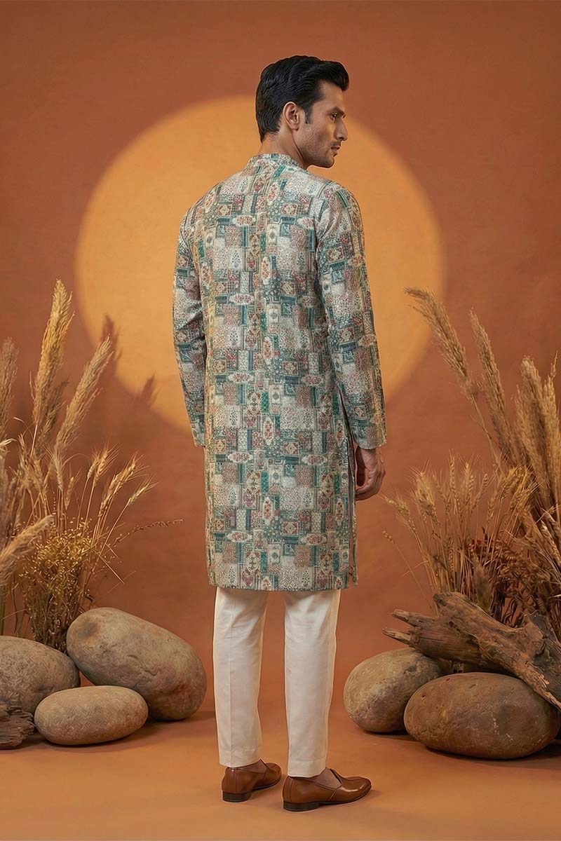 Multi Silk Blend Printed Straight Kurta With Trousers MKSET1973