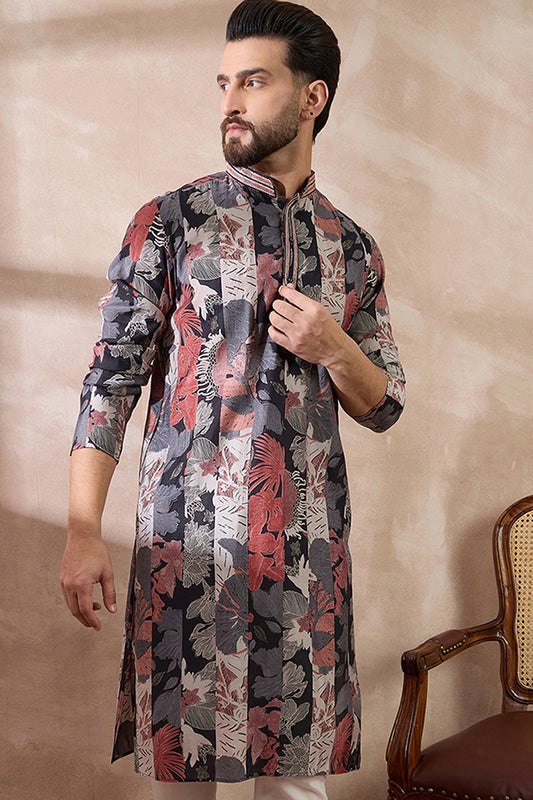 Black Silk Blend Printed Mandarin Collar Straight Kurta With Trouser MKSET1977