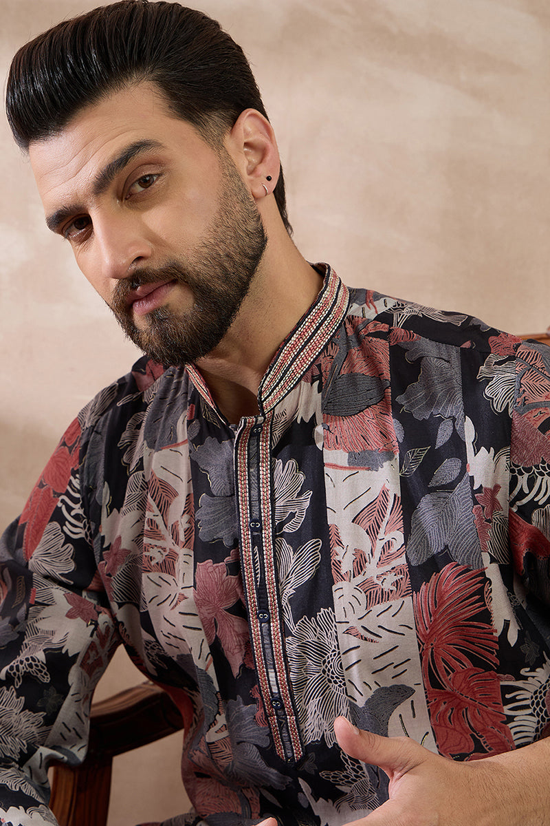 Black Silk Blend Printed Mandarin Collar Straight Kurta With Trouser MKSET1977