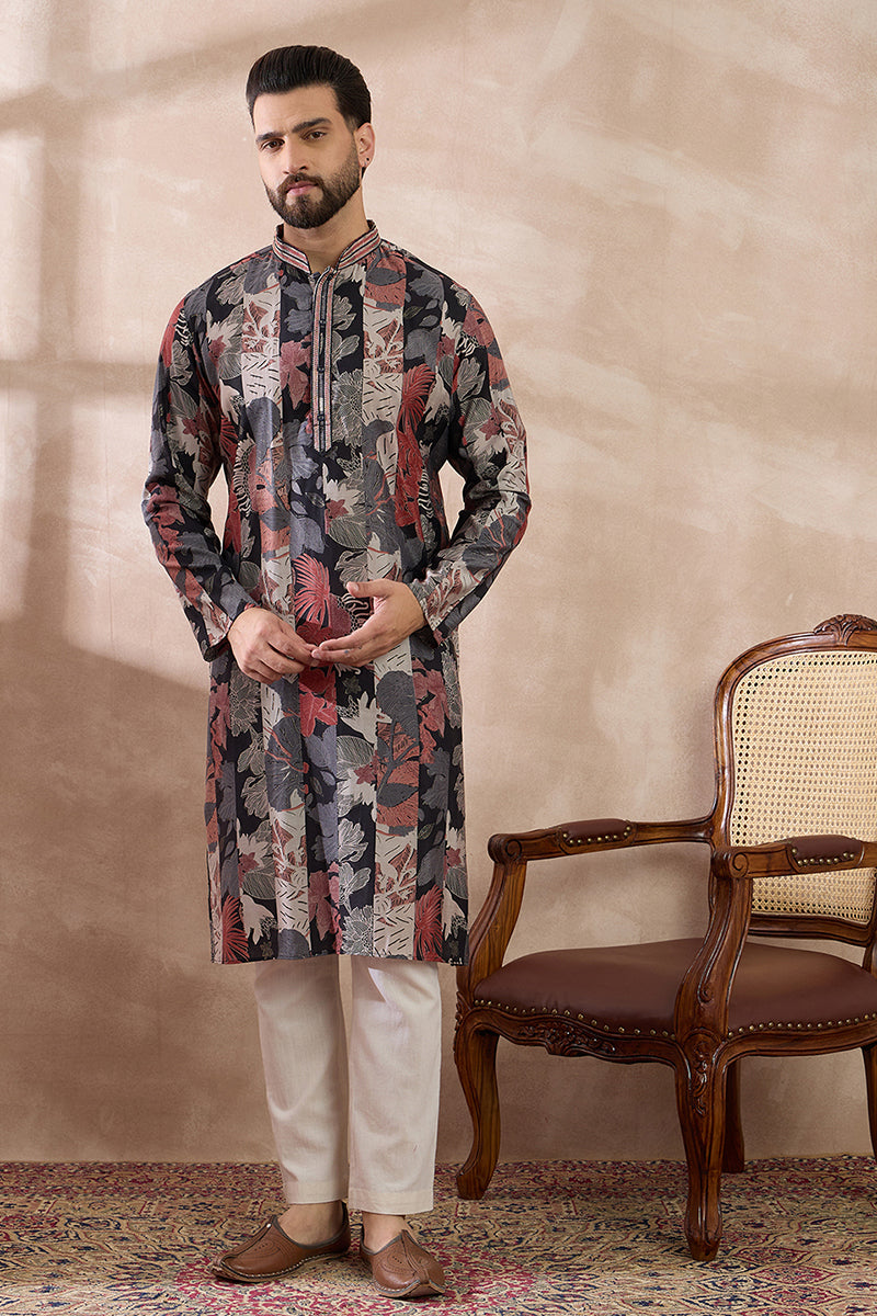 Black Silk Blend Printed Mandarin Collar Straight Kurta With Trouser MKSET1977