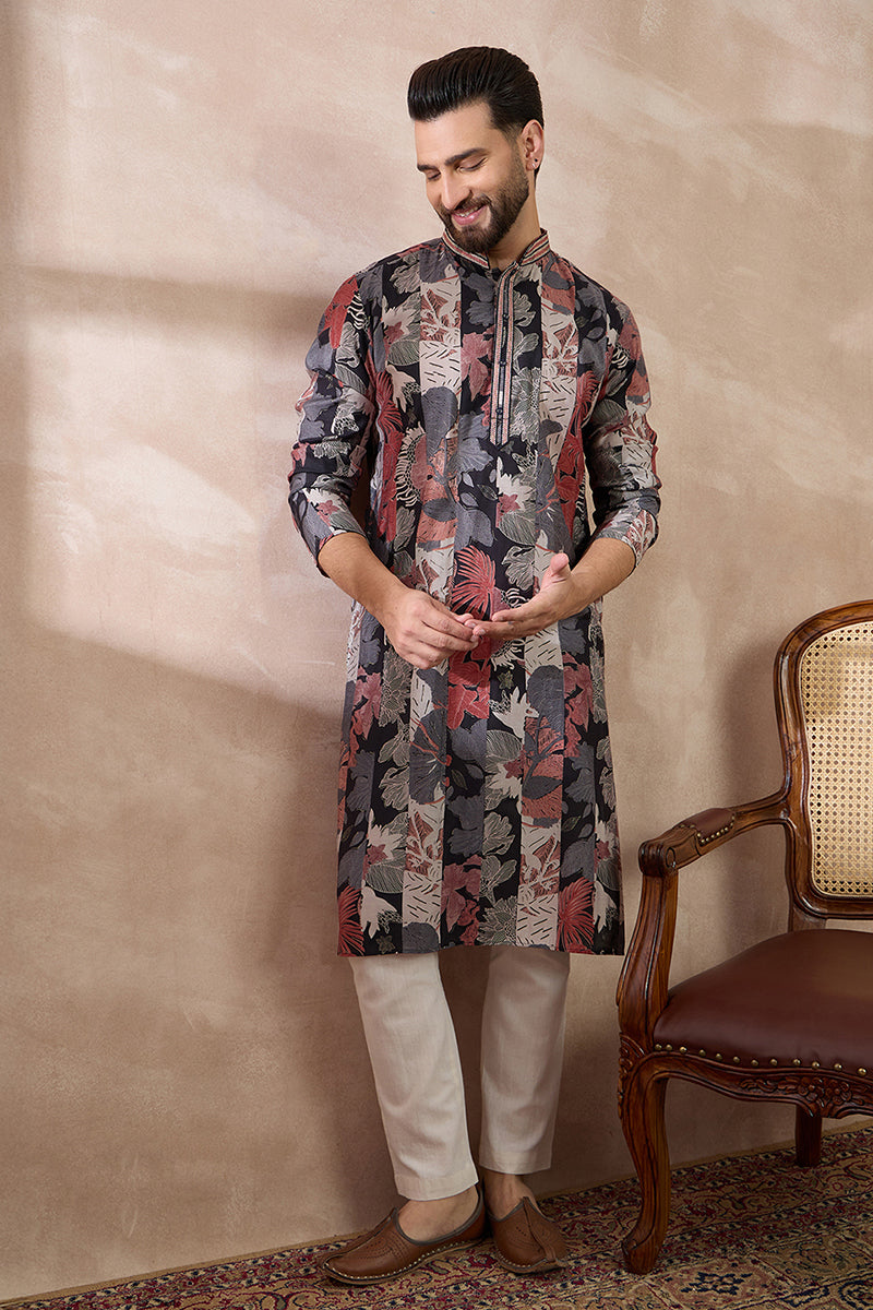 Black Silk Blend Printed Mandarin Collar Straight Kurta
