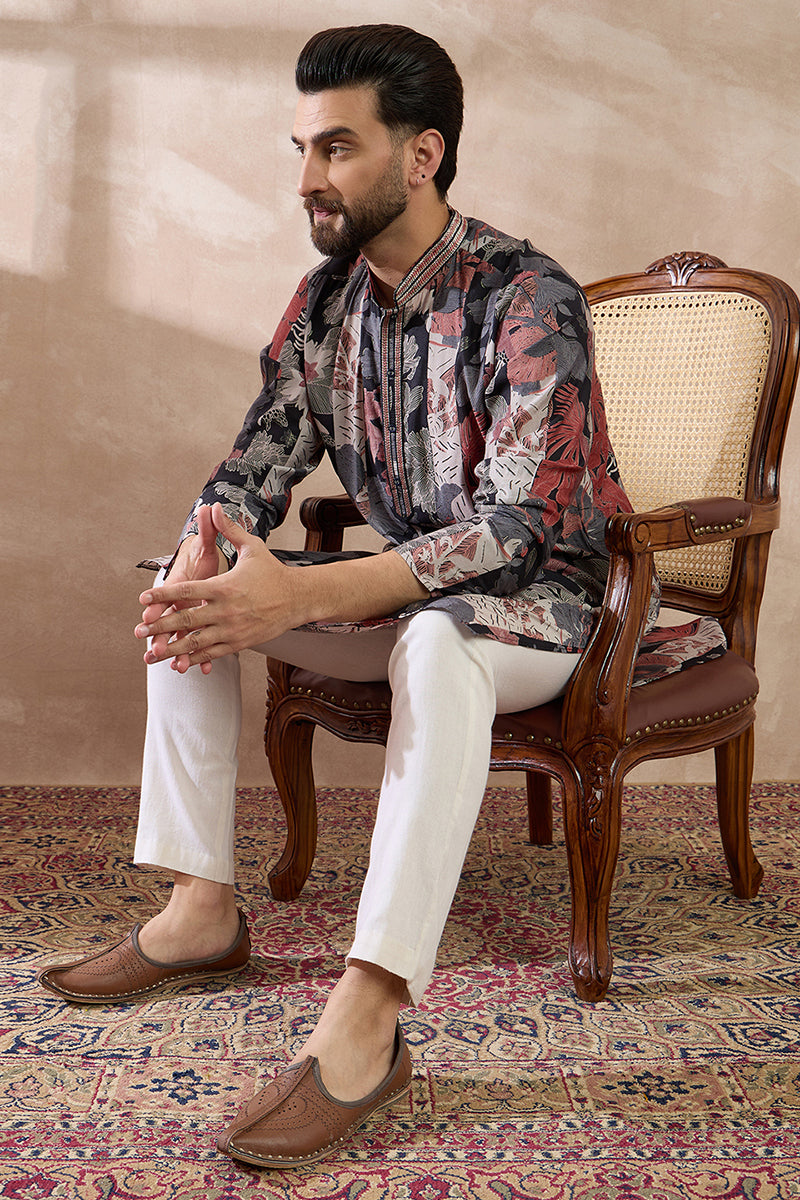 Black Silk Blend Printed Mandarin Collar Straight Kurta