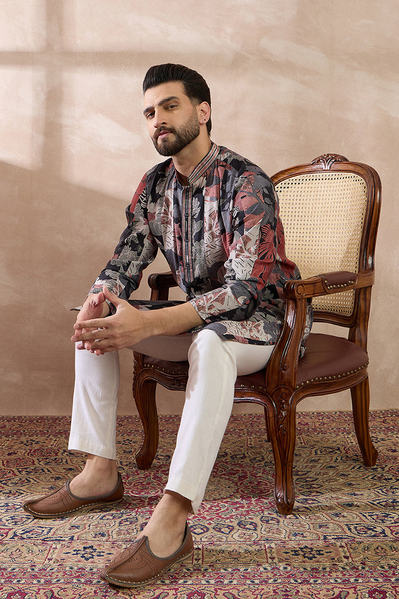 Black Silk Blend Printed Mandarin Collar Straight Kurta