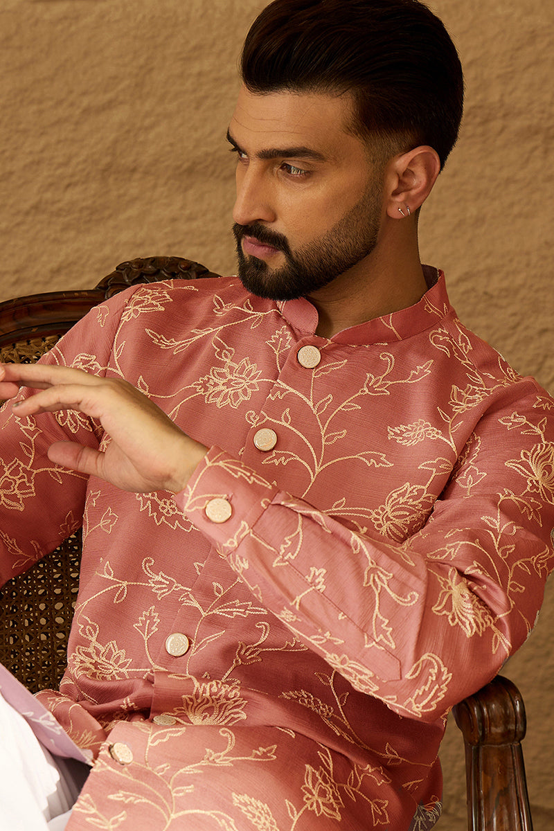 Peach Viscose Rayon Embroidered Mandarin Collar Straight Kurta MKU1989