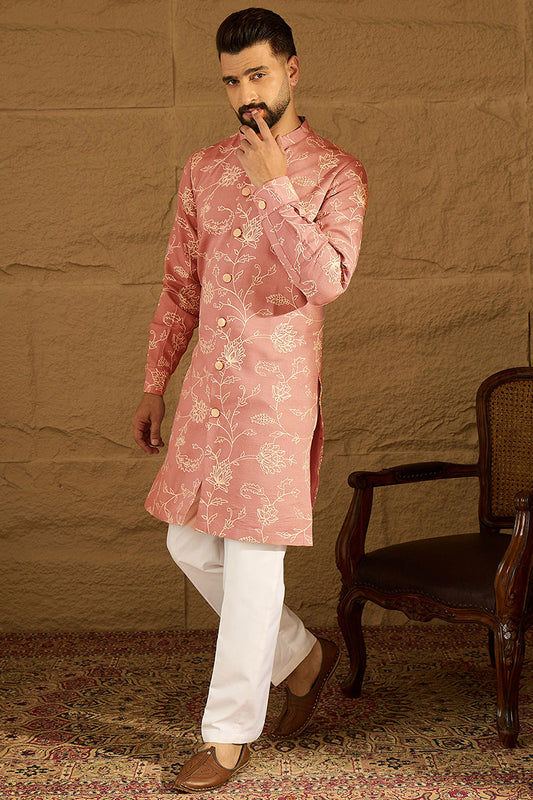Peach Viscose Rayon Embroidered Mandarin Collar Straight Kurta MKU1989