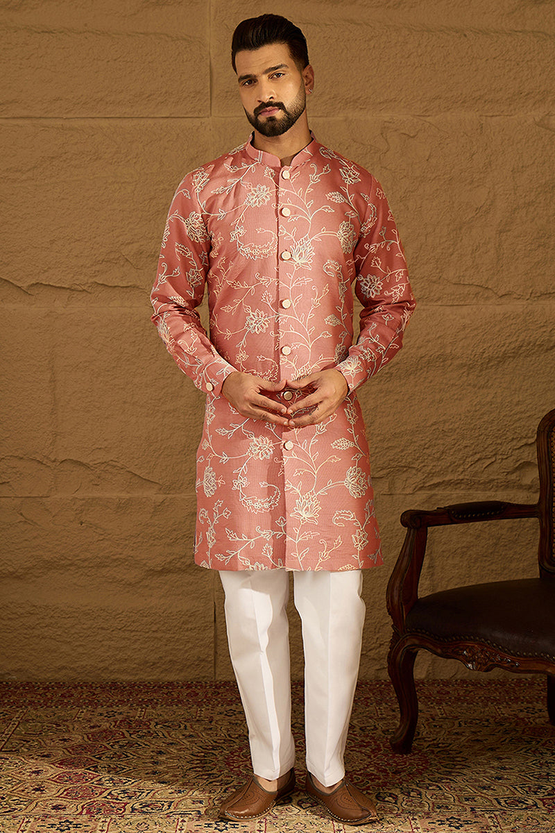 Peach Viscose Rayon Embroidered Mandarin Collar Straight Kurta